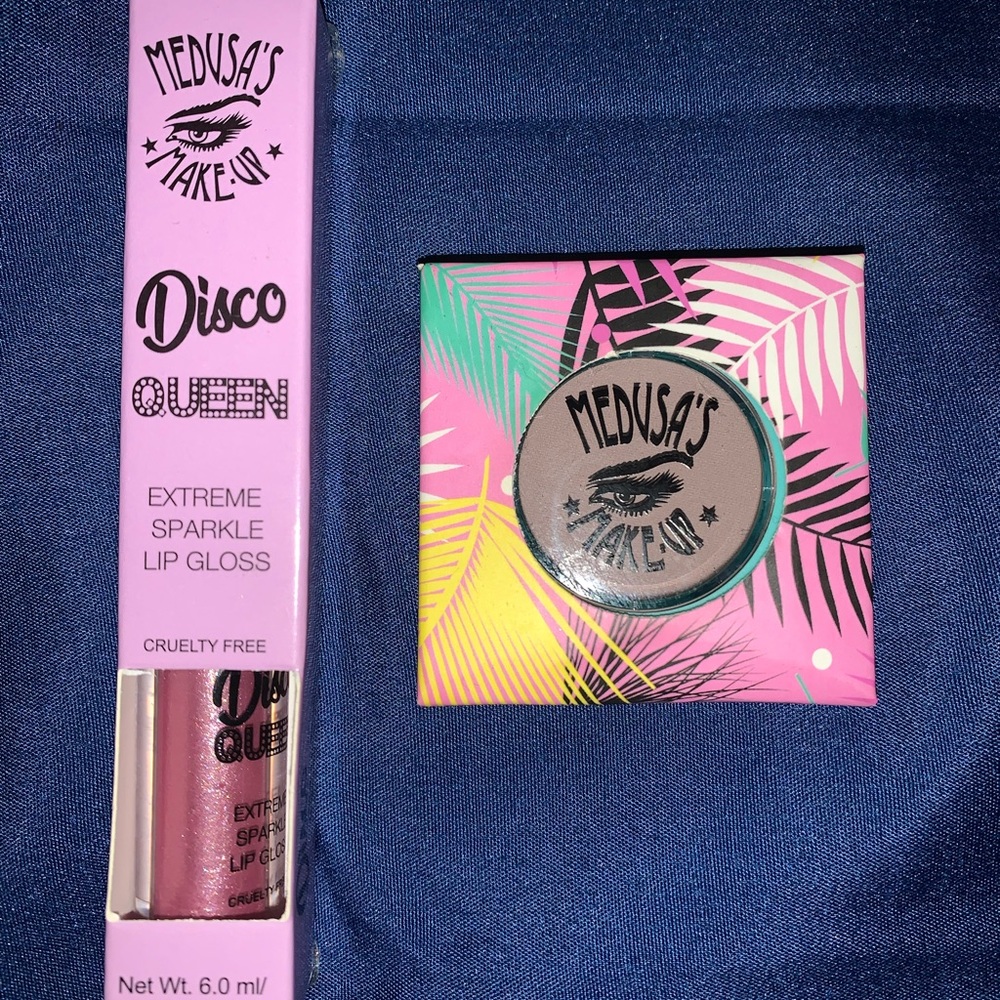 Set of Medusa brand sparkle lip gloss and eye shadow